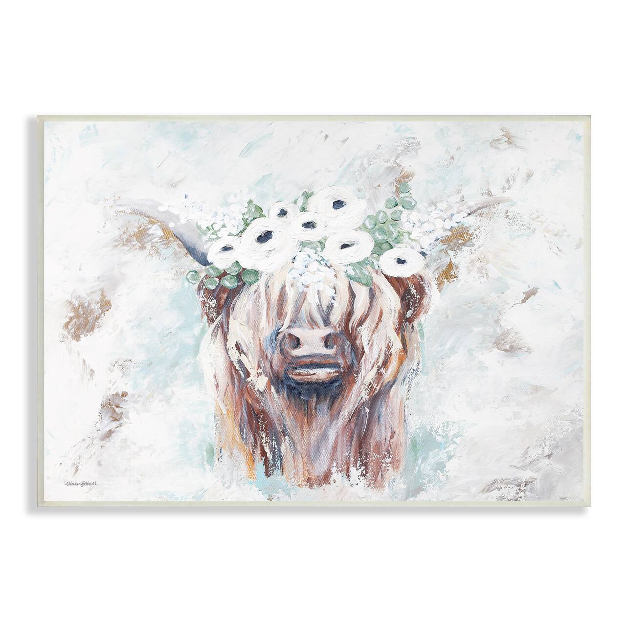 Stupell Industries Rustic Country Longhorn Cattle Flecked Flower Blossoms Wall Plaque Art